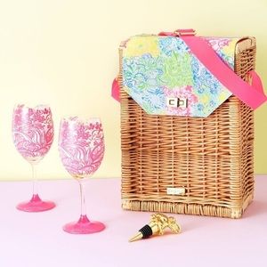 Lilly Pulitzer collection 2 wine glasses & basket